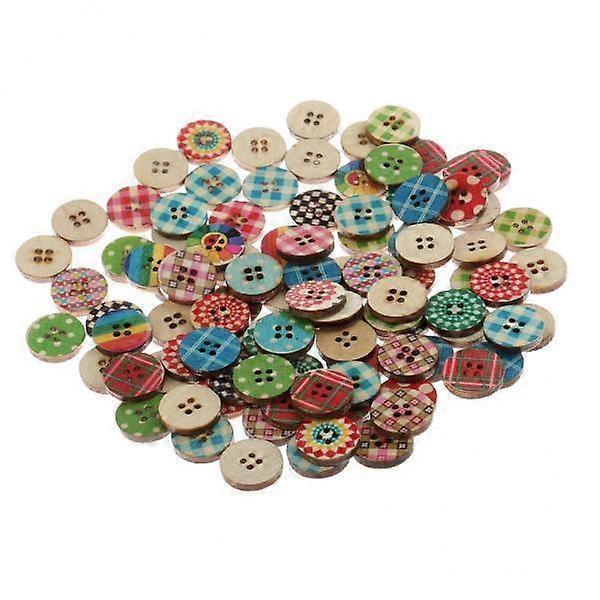 2x100pcs 15mm Colorful Mixed Pattern Round 2 Holes Wood Buttons for DIY Sewing