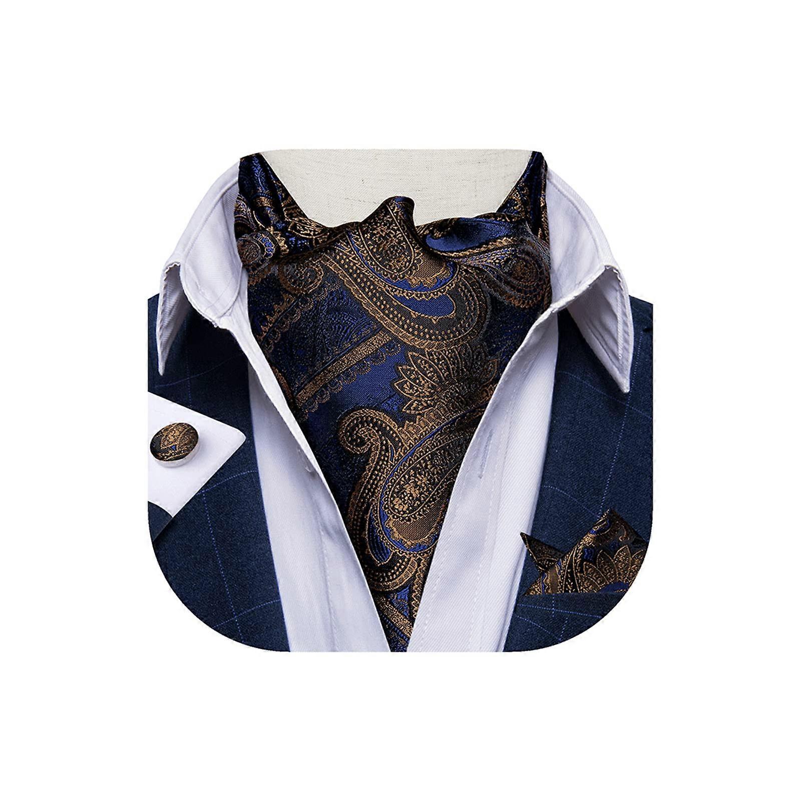 3PCS Ascot cravates pour hommes mariage jacquard tissé soie Ascot Cravat pour hommes cravate et pochette ensemble bleu royal marron Ref : 2888