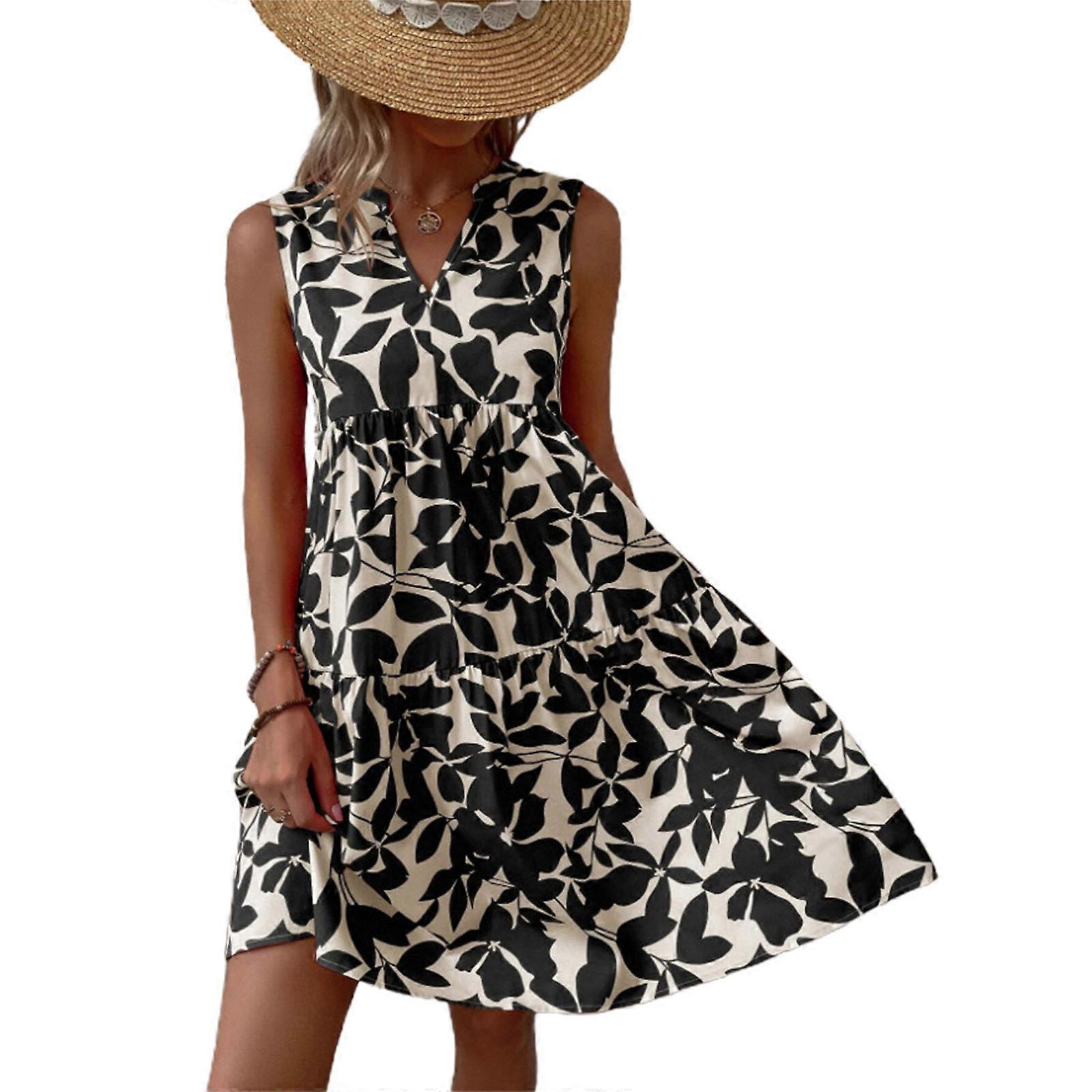 Women Summer Sleeveless Notched V-Neck Pleated A-Line Midi Dress Boho  Floral Print High Waist Casual Loose Swing Dresses Black L | Fruugo FR