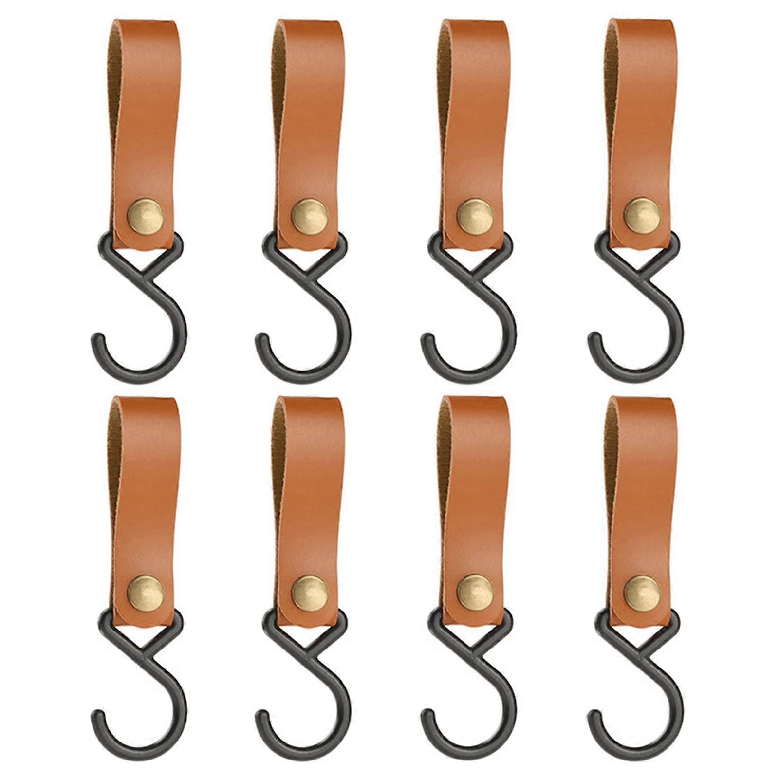 S Hooks with Leather Loop, 4/8 Pieces Leather Storage Hooks for Travel, Camping, Home (Pack of 8)
