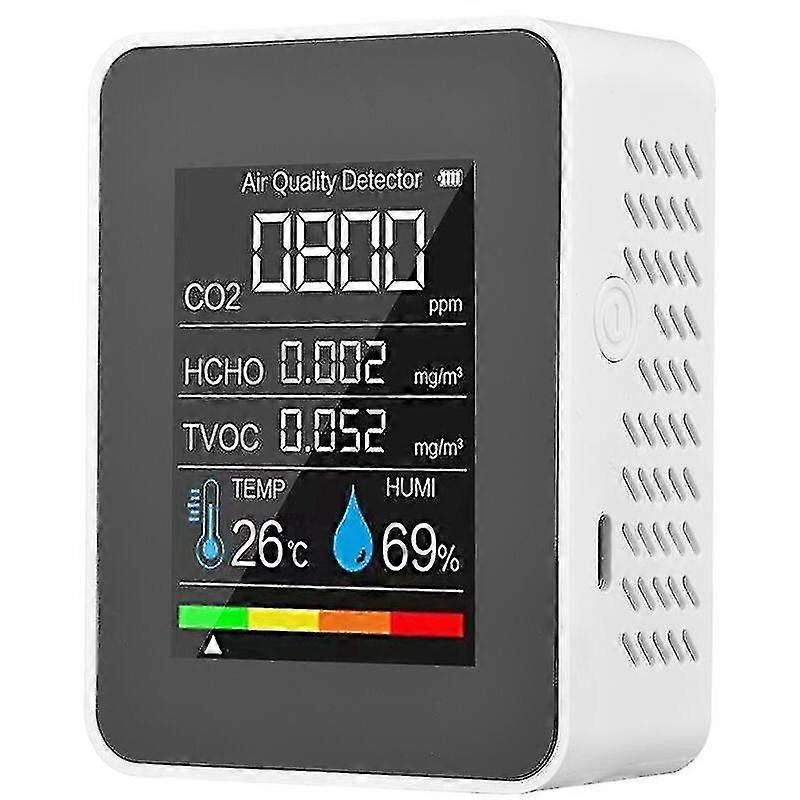 Portable 5-in-1 Gas Detector with LCD Color Screen, CO2 Monitor & Built-in Battery, White Ventilated Housing