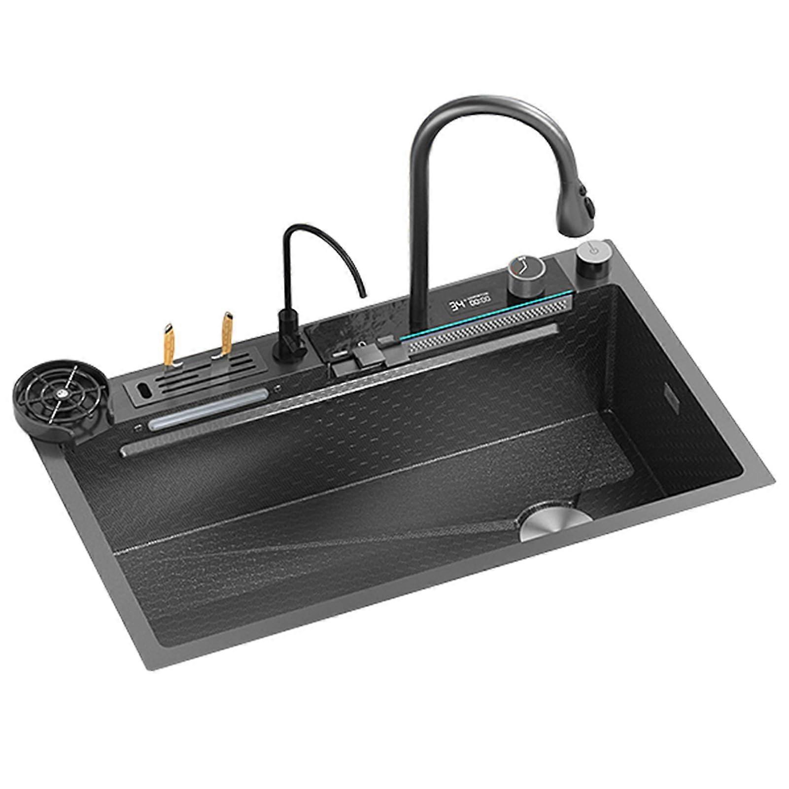 Double waterfall kitchen sink, digital display, 304 stainless steel, large single sink (Color: B, Size: 75 x 46 cm)