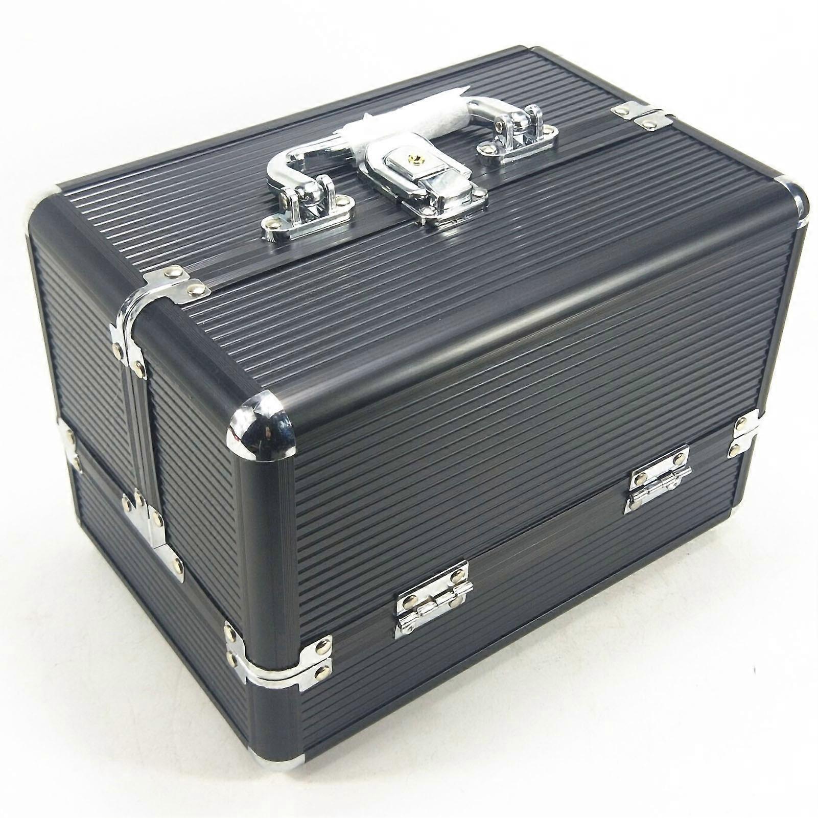 Makeup Case Cosmetics Carrying Box 25x17x17cm Large Capacity Storage for Home Salon Black Strip Black Bottom