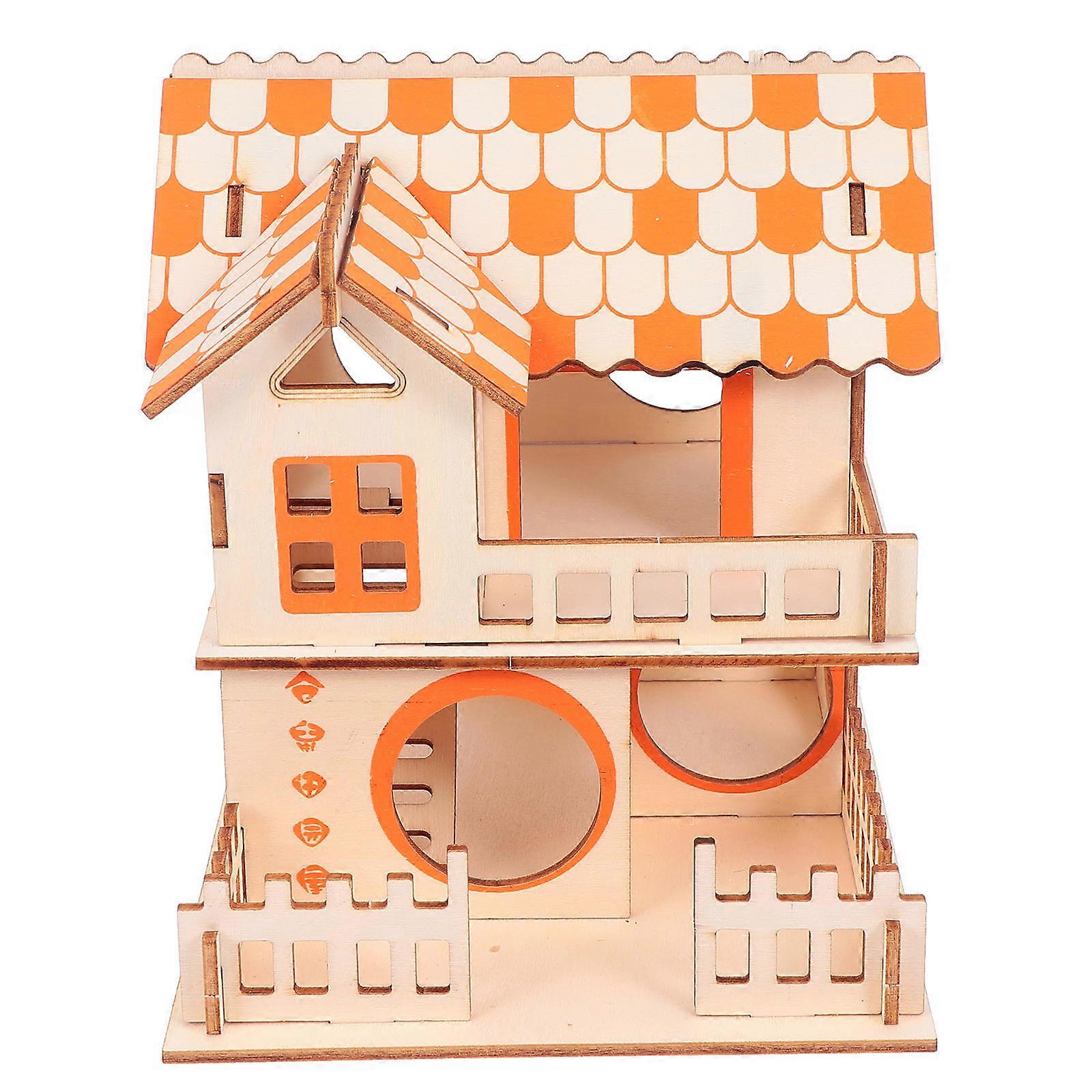 Hamster Wooden Toy Orange Hideout for Pet with Curiosity Satisfying Design