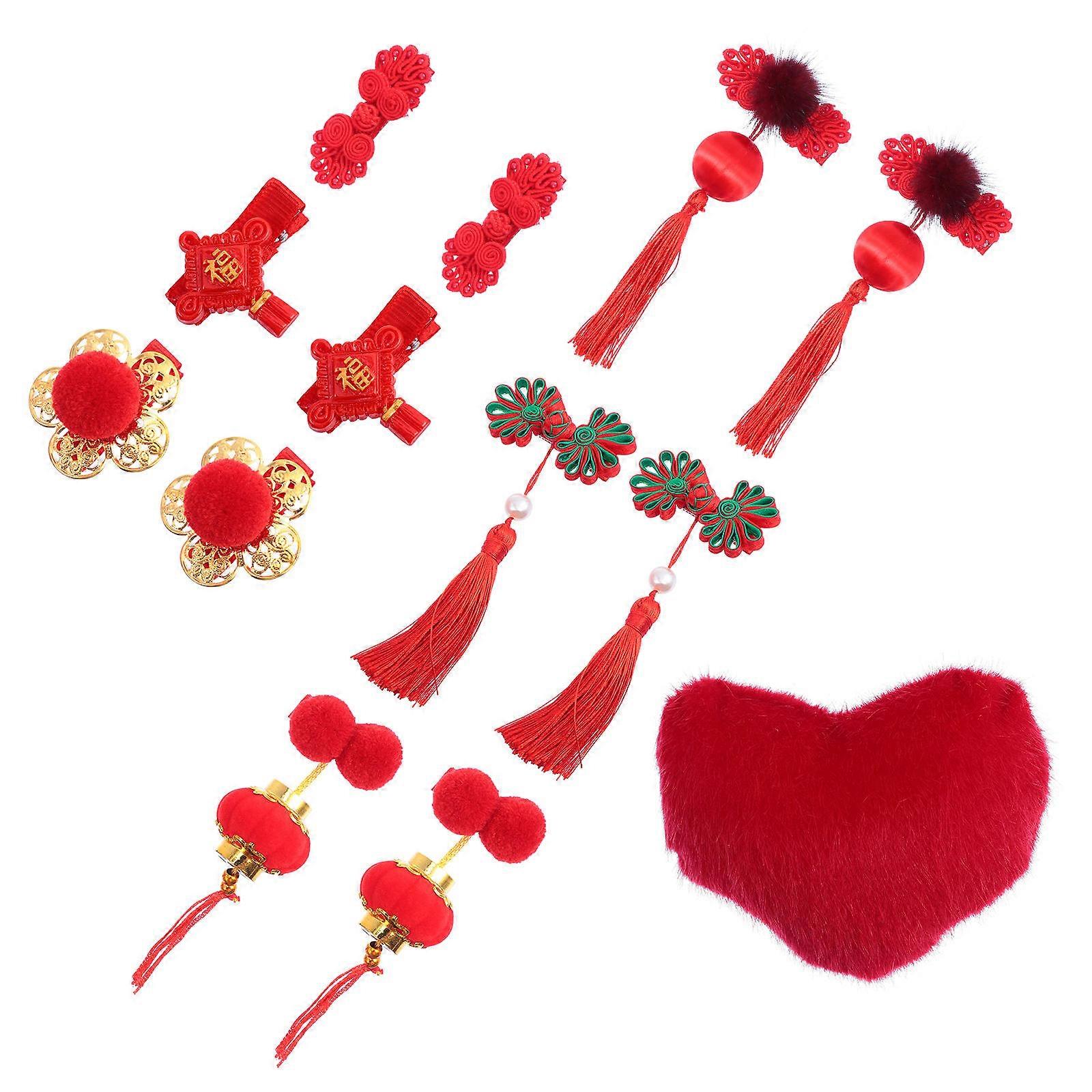 Kids Hair Accessories Chinese Style Tassel Hairpins Decorative New Year Celebration 4X4CM Red Fabric 13 Pairs