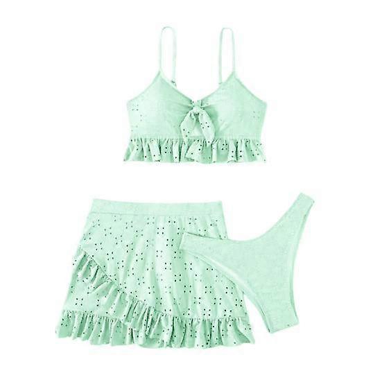 3Pcs/Set Sexy Women Bikini Set Summer Ruffle Hem Hollow Out Sling Bra Solid Color Briefs High