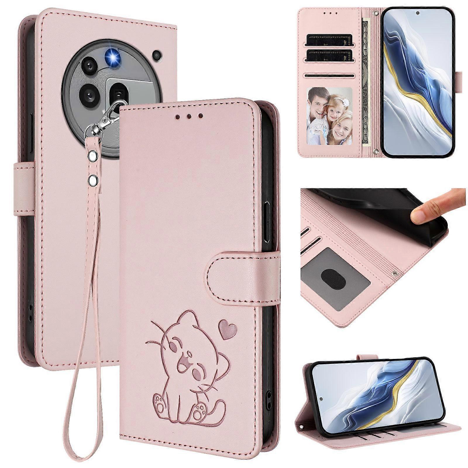 Embossed Heart Cat Leather Phone Case with Strap