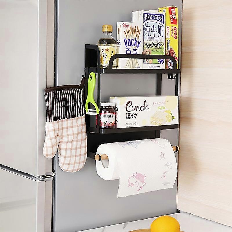 Kitchen Double Layers Magnetic Refrigerator Rack Storage Holder (Black)