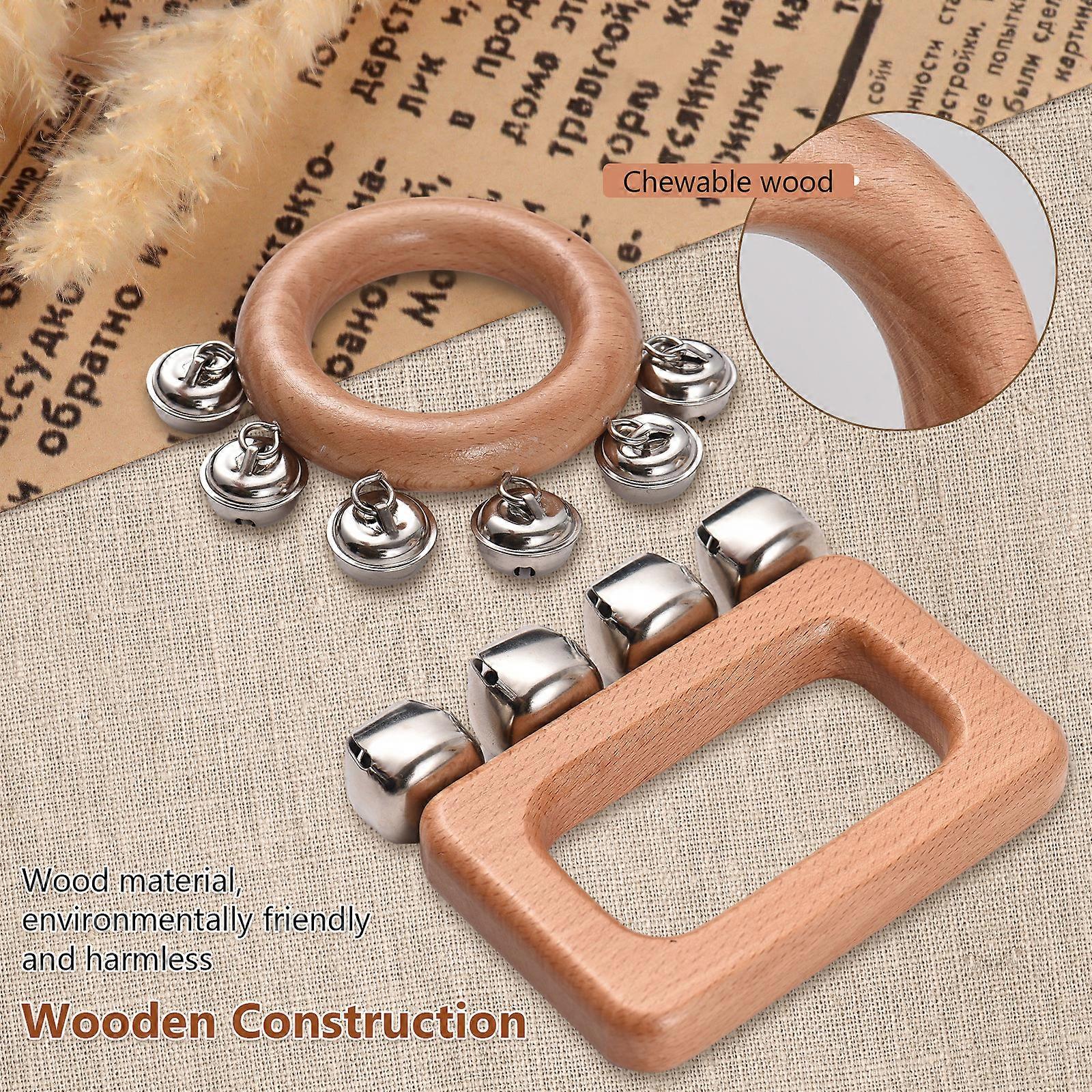 2 Pack Wooden Handheld Jingle Bells Set – Round 6 Bells 8x1.5cm, Square 11x9x1.8cm