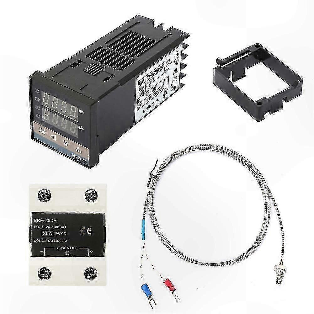 Programmable Temperature Control System, 110-240V AC Input, 25A Solid State Relay, K-Type Sensor, 1m M6 Probe Included