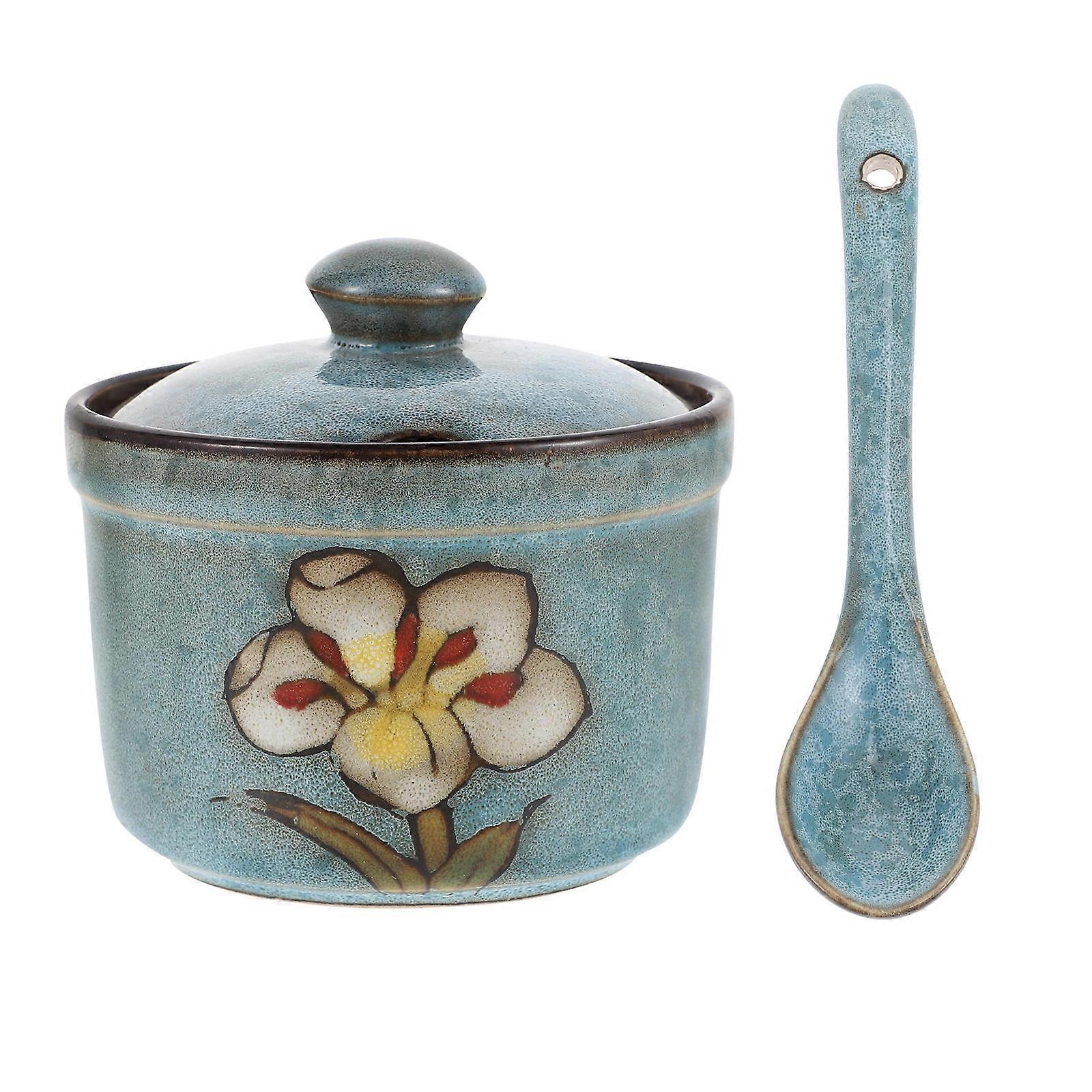 Ceramic Seasoning Storage Jar with Spoon, Multi Function Spice Holder for Kitchen Condiments, Easy to Clean Container for Salt, Spices and Sauces