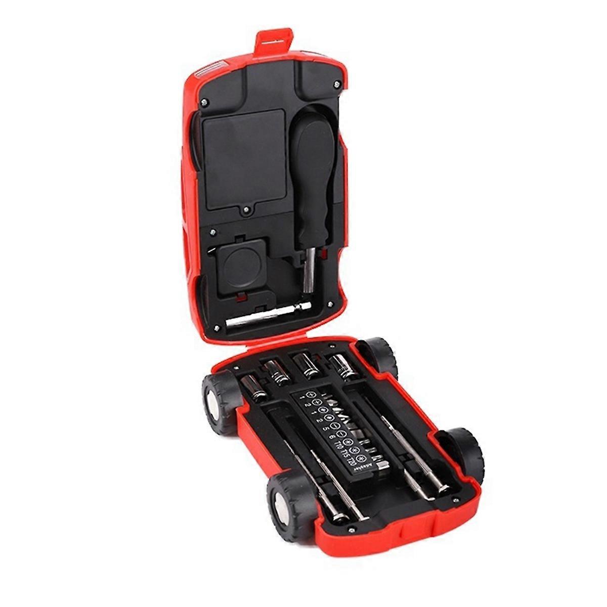 21 in 1 Car Shaped Mini Screwdriver Set and Torch Portable Carbon Steel Screwdriver Set Repair Tool Red