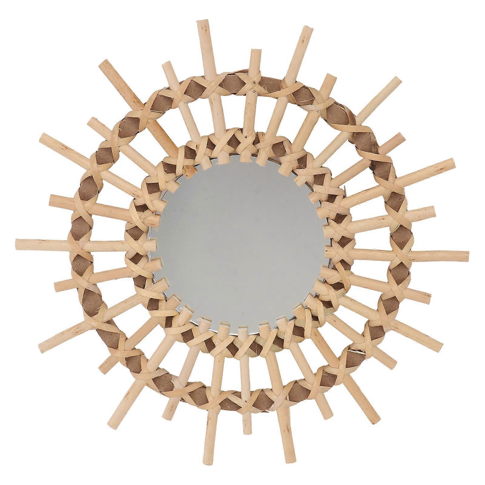 Wicker Wall Mirror Rustic Style Indoor Use Round Shape Wood Material Wall Decoration 1Set