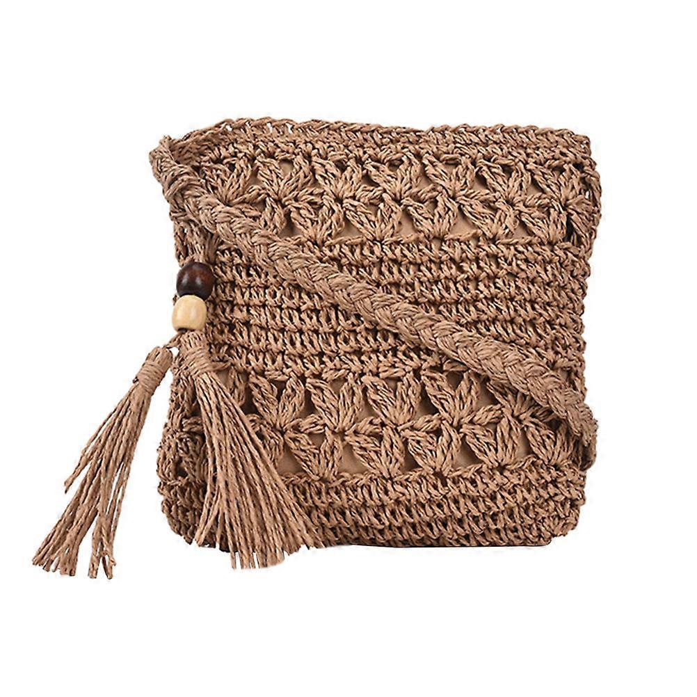 Light Brown Straw Tassel Crossbody Bag for Daily Storage 2Pcs