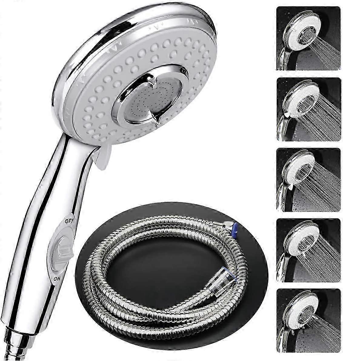 Universal Handheld Shower Head with 5 Modes, High Pressure Self-Cleaning, On/Off Switch, 2m Hose - Never Clogs