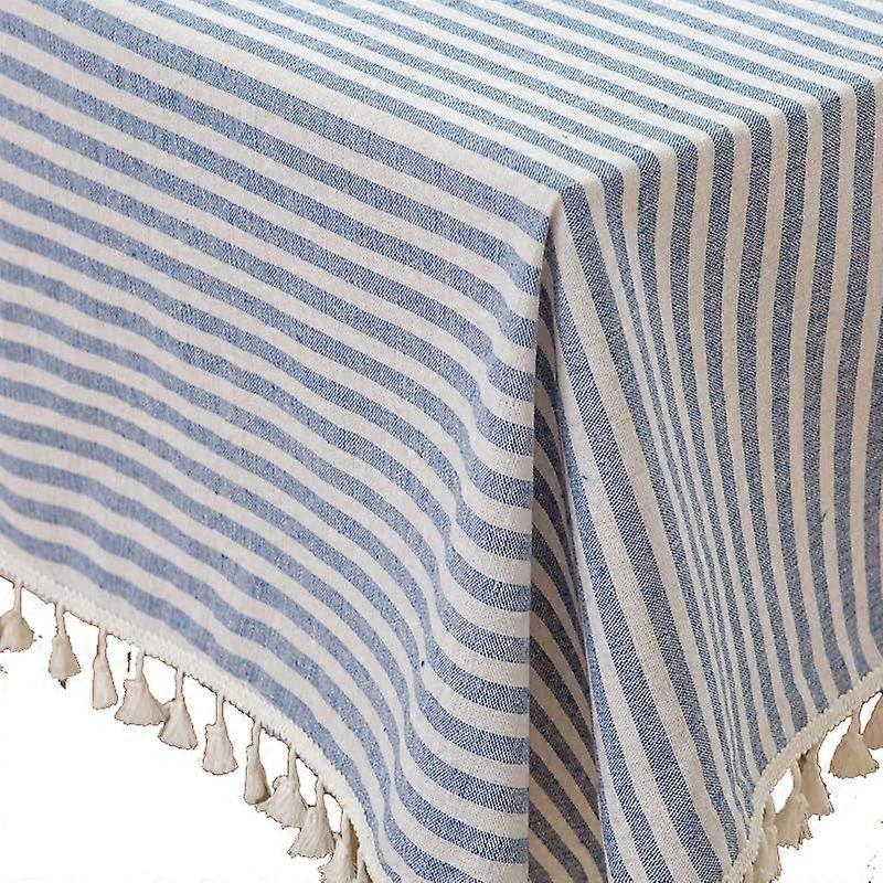 Cotton Linen Table Cloth Stripe Tassel Rectangle Tablecloth Dust-Proof Table Cover for Kitchen Dinning Tabletop Decoration (140cm x 250cm, Blue)