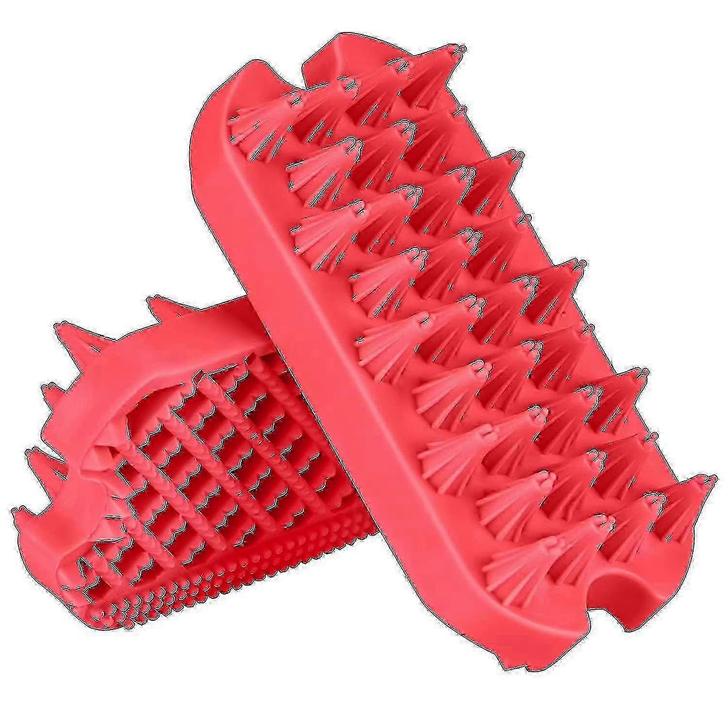 Double-Sided Silicone Deshedding Brush for Pet Grooming with Bathing Shampoo (Red) - Set of 2