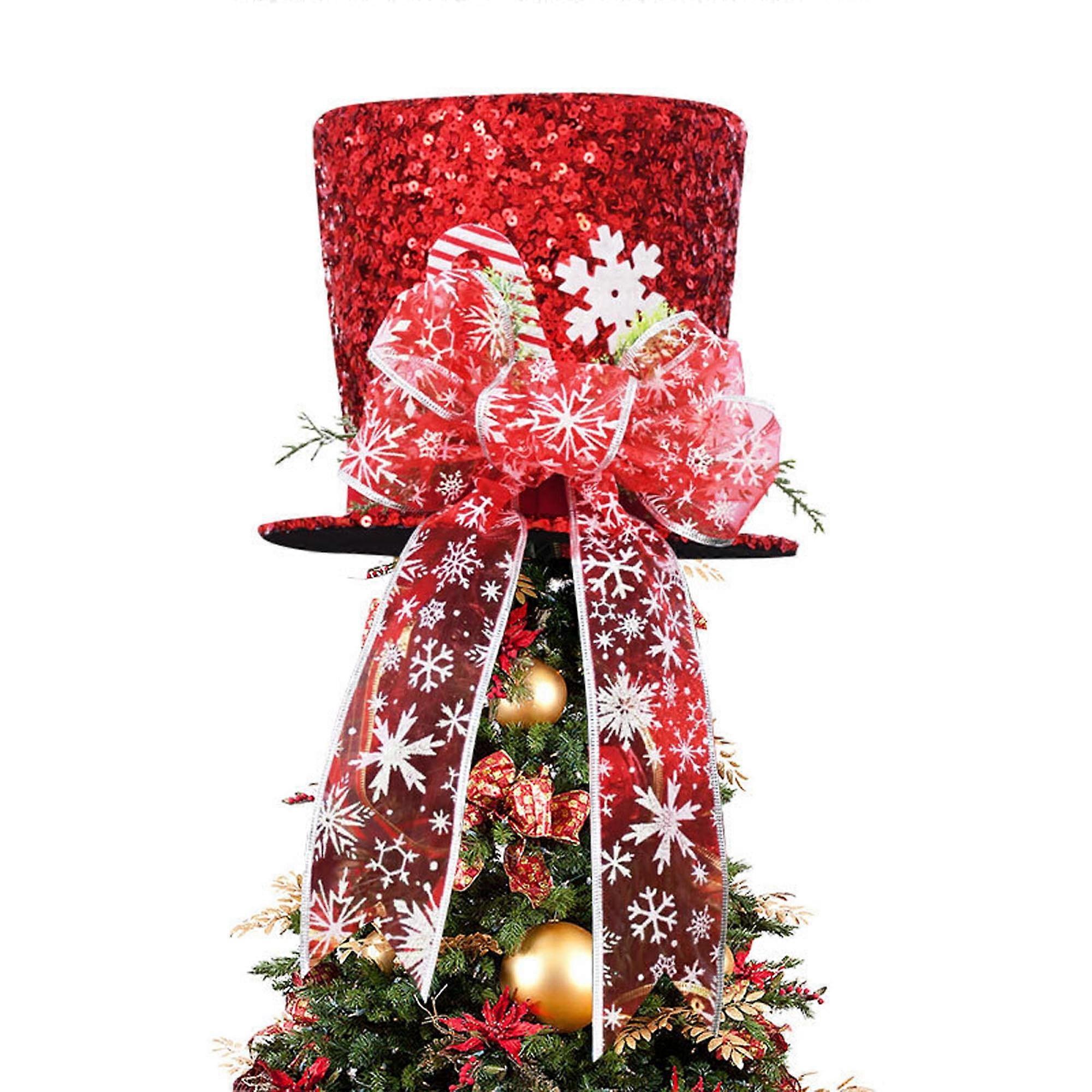 Christmas Tree Topper Hat Unique, Collapsible Tree Topper Ornament Red Black Plaid Fabric Top Hat with Bow