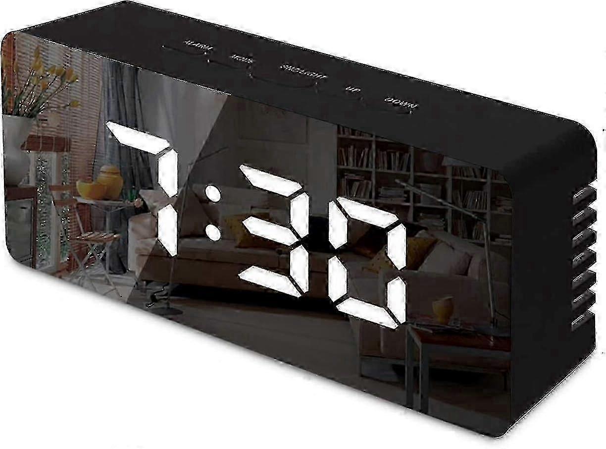 Digital Mirror Alarm, LED Bedside Clock with Temperature,Adjustable Brightness Clock-Black