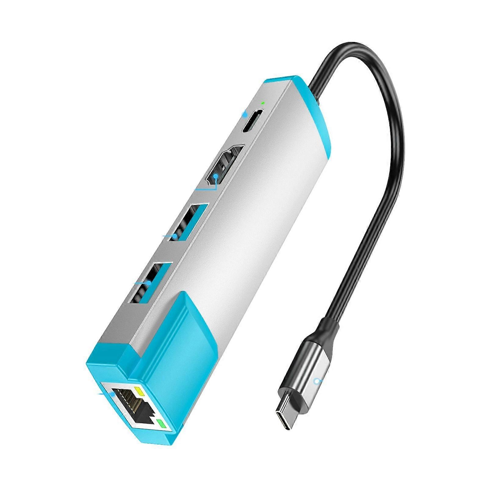 USB-C-Adapter 4K@60Hz Ethernet-Dock Kompaktes Design Stromversorgung USB 3.0 Datenübertragung Geeignet für Konsolen 2 Silber