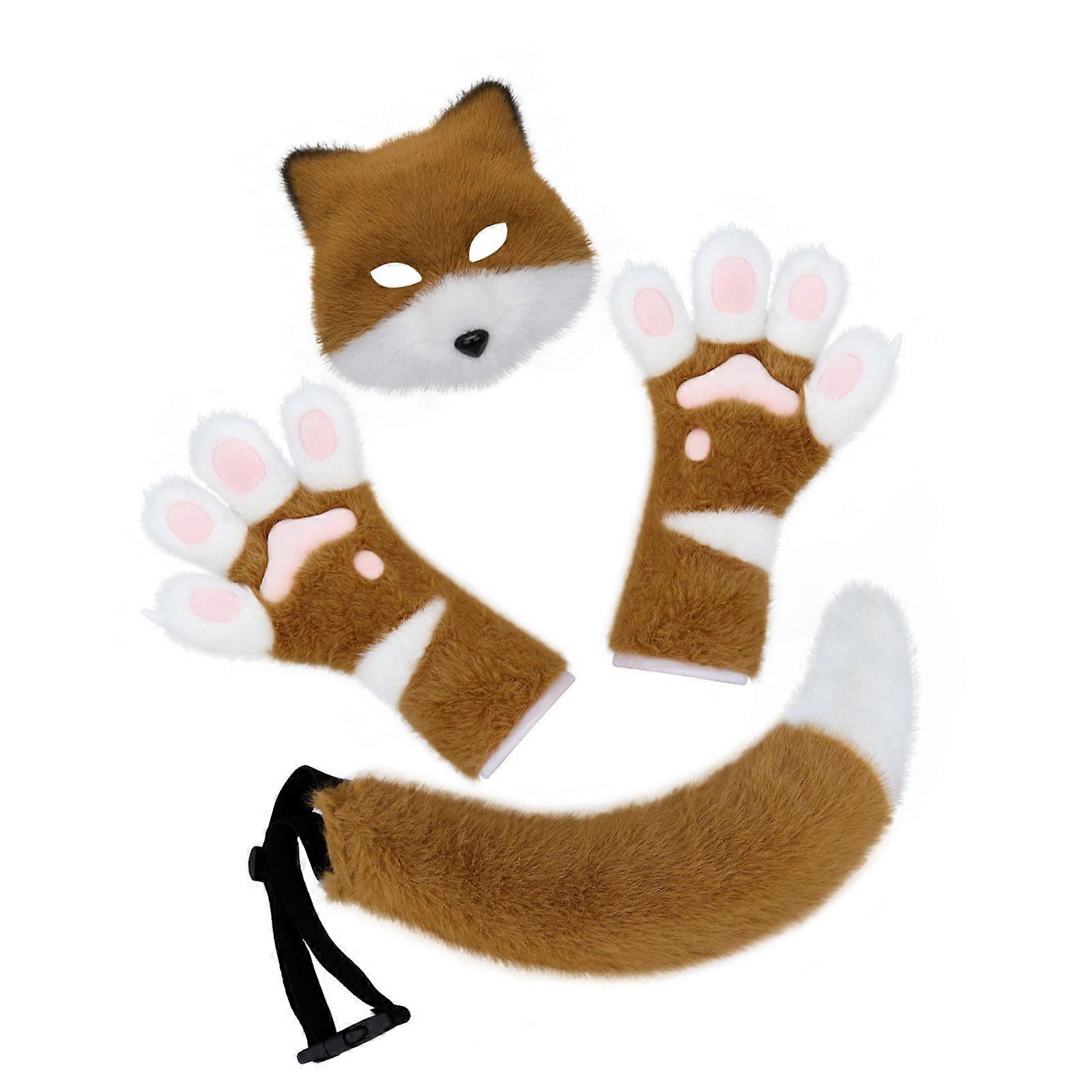 Foxes Mask And Tail Costume Set Realistic Design Soft Plush Gloves Accessories For Halloween Cosplay Event  Brown and white