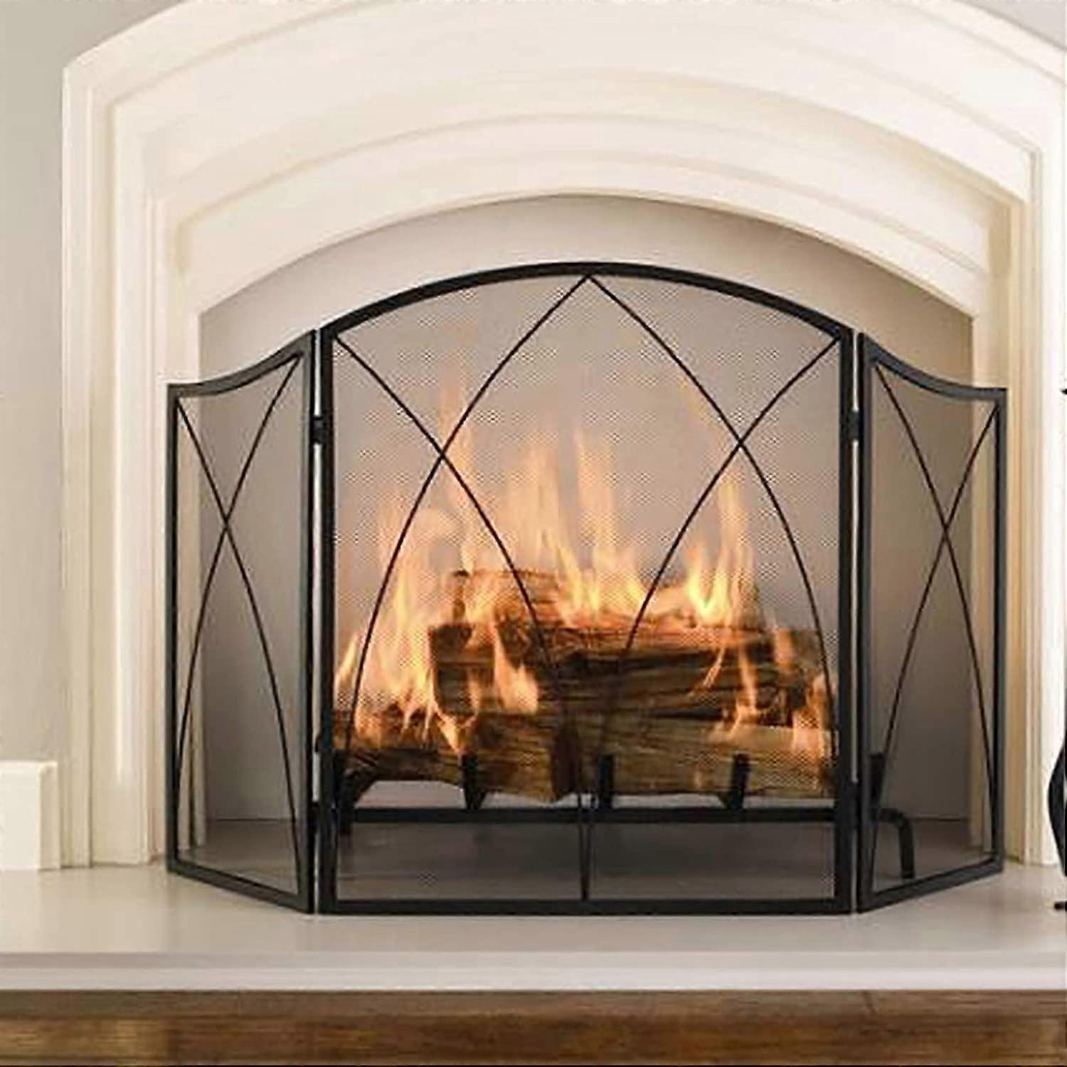 Fireplace Screen and Gate, 3 Panel Wrought Iron Mesh, Foldable Child and Pet Safety Guard