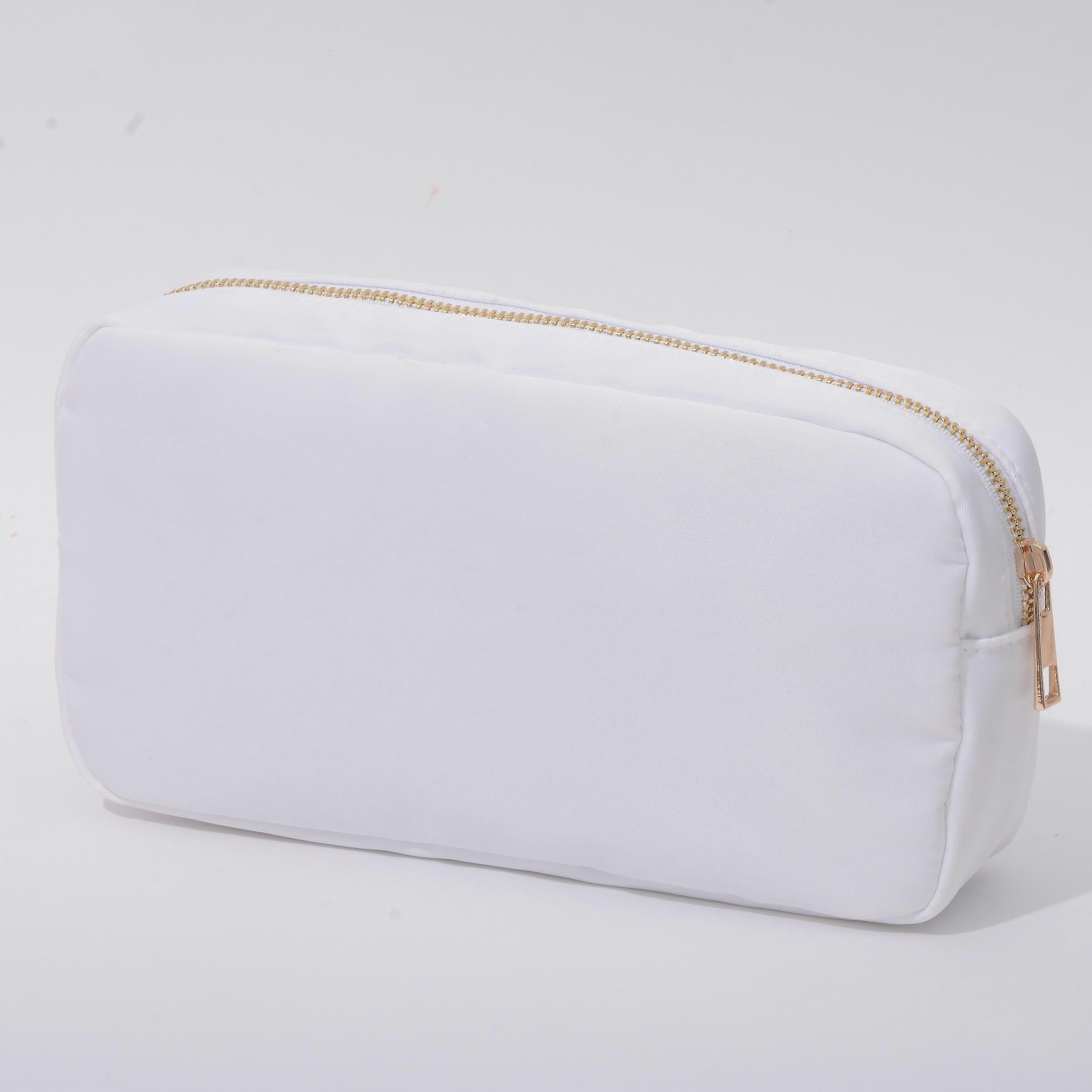 Cosmetic bag with custom fabric letter patches, orange and summery pink, with nylon zipper