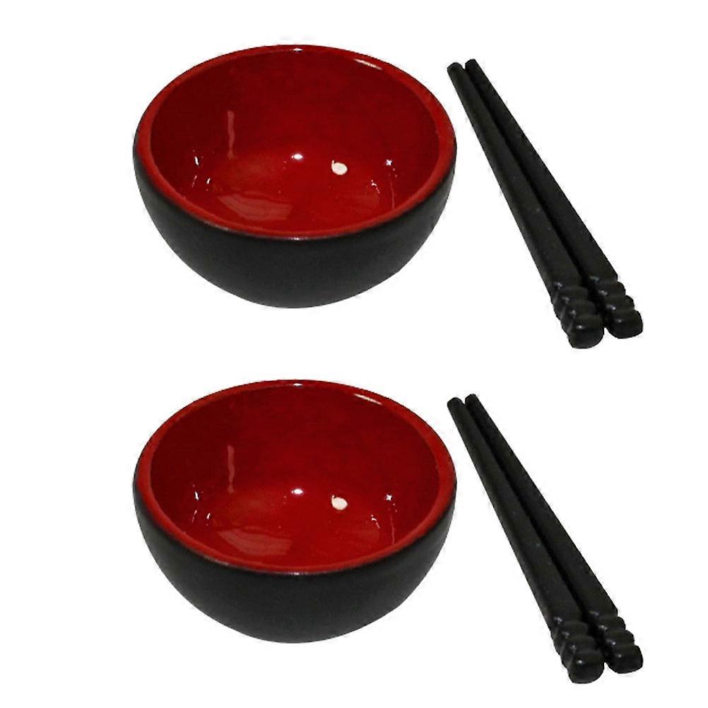 Mini Bowl Chopsticks Set for Decoration 2Sets Creative Alloy Red Toy