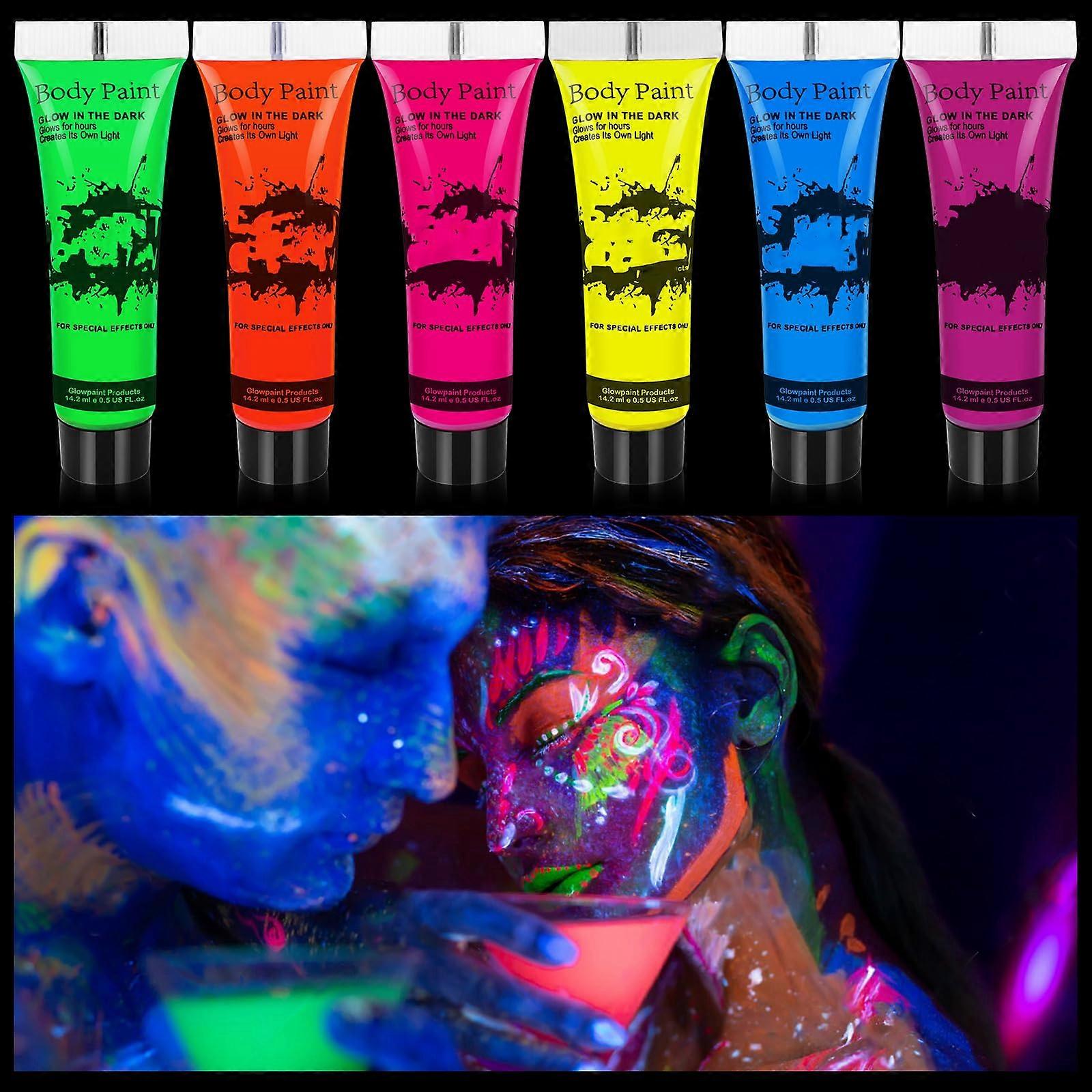 UV Face and Body Paint Set with Vivid Neon Colors, Glow in the Dark, Safe Waterbased, 6 Colors