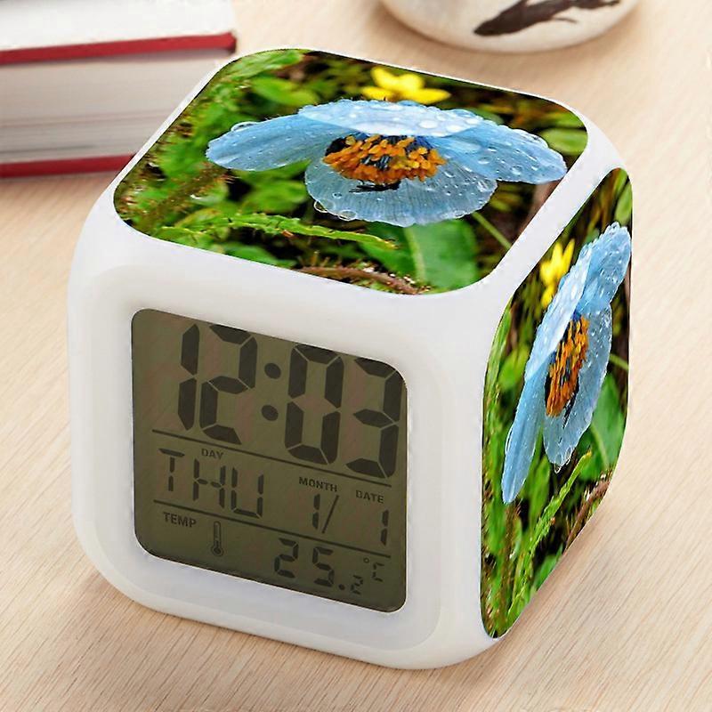 Meconopsis flower pattern creative alarm clock, seven-color changing square clock