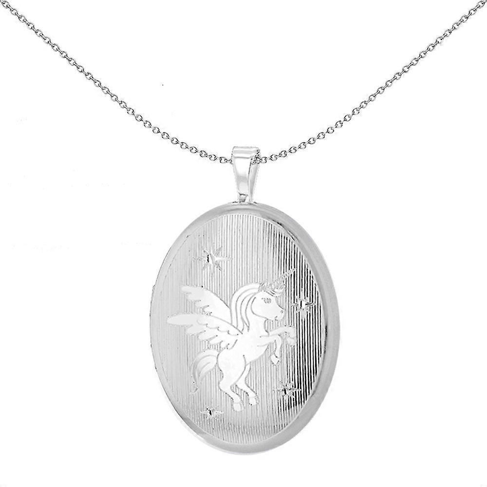 Jewelco London Sterling Silver Winged Angel Unicorn Oval Locket Pendant 26mm 18 inch