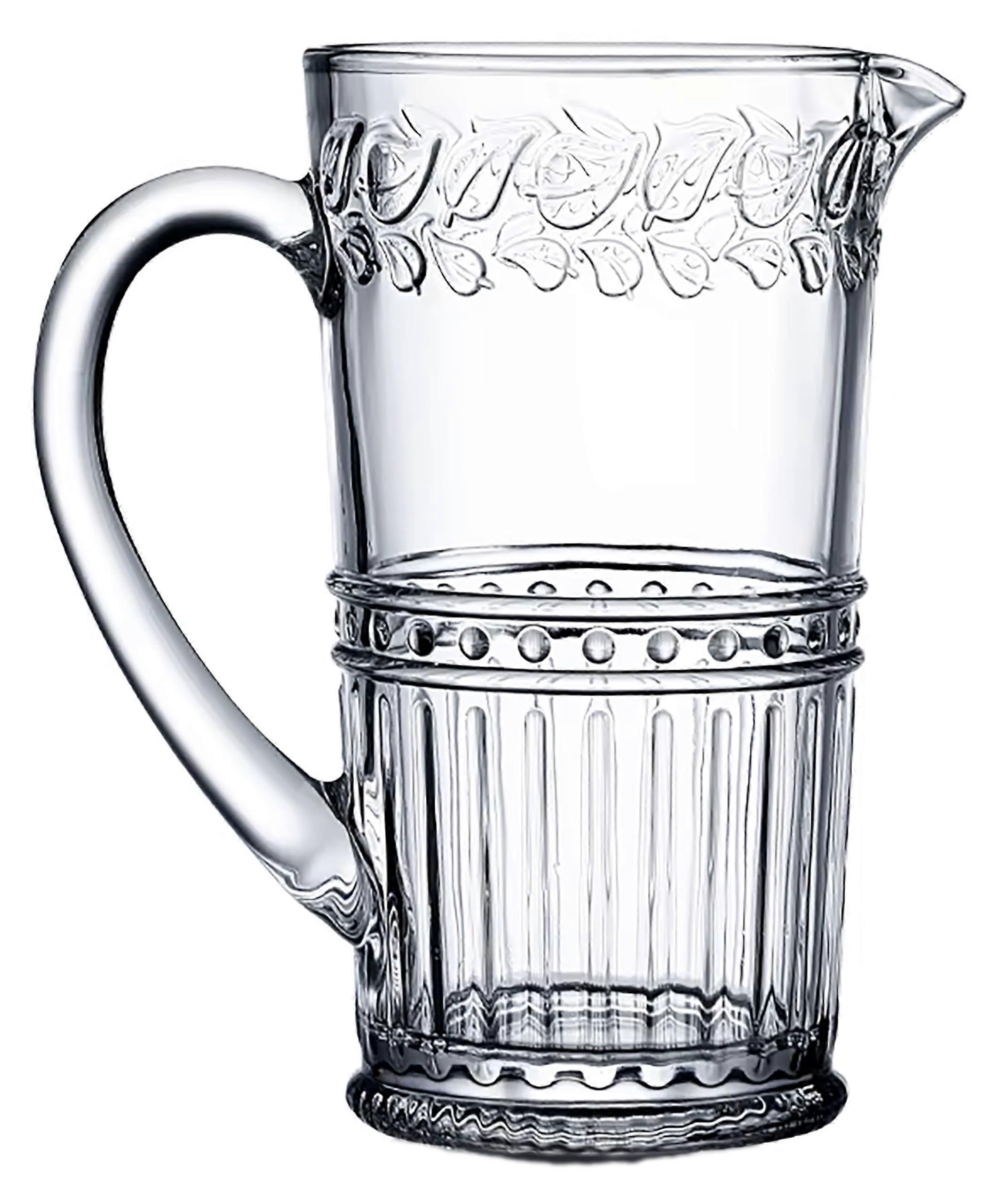 Vintage Glass Pitcher 34oz with Embossed Pattern Clear Water Jug for Drinks and MultiPurpose Use