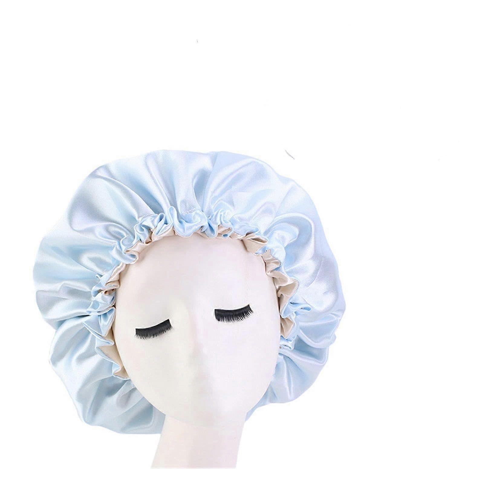 Light Blue Double Layer Satin Sleep Cap with Adjustable Elastic for Overnight Hair Protection