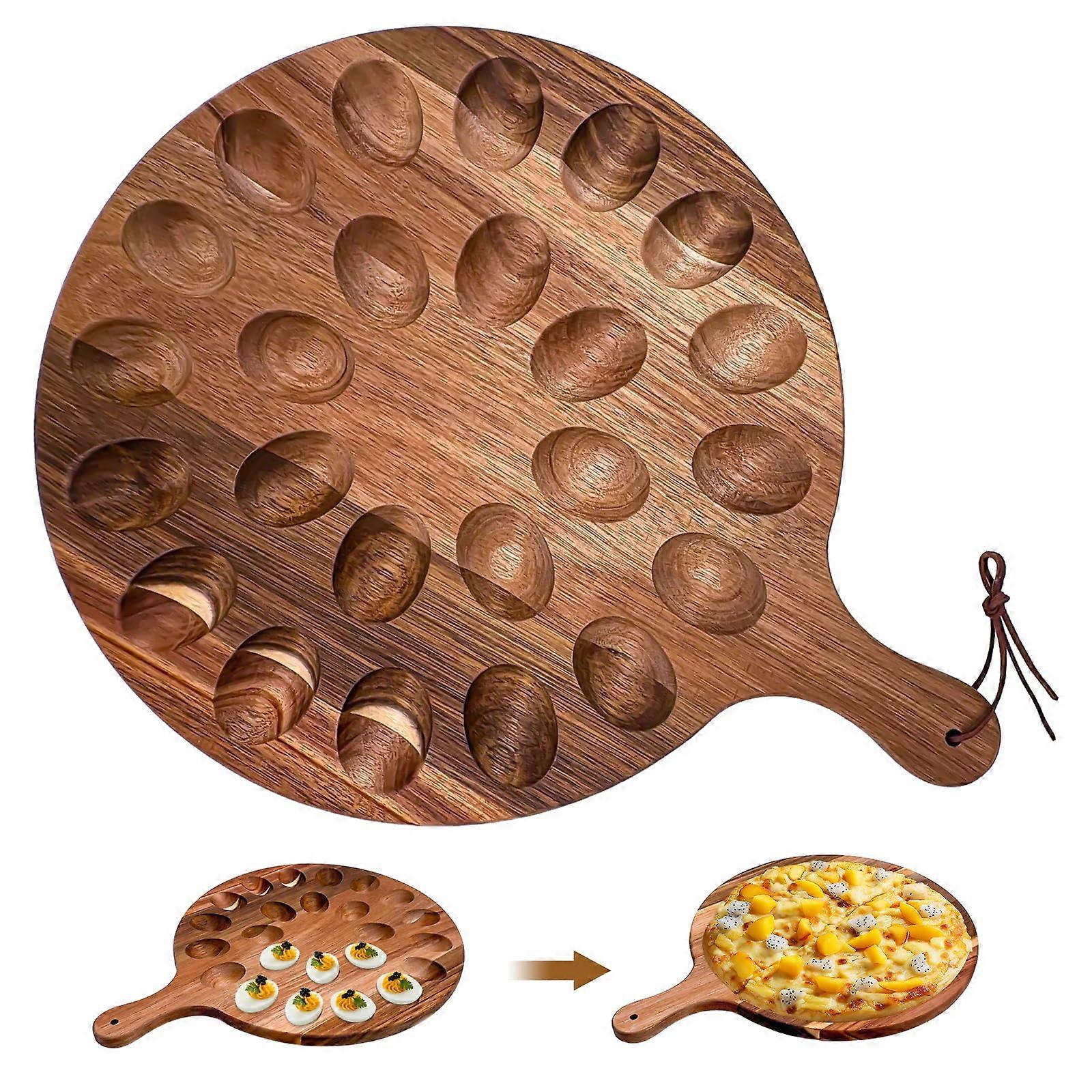 Deviled Egg Tray Acacia Wood 24Hole Holder with Handle, Rustic DualSided Serving Platter