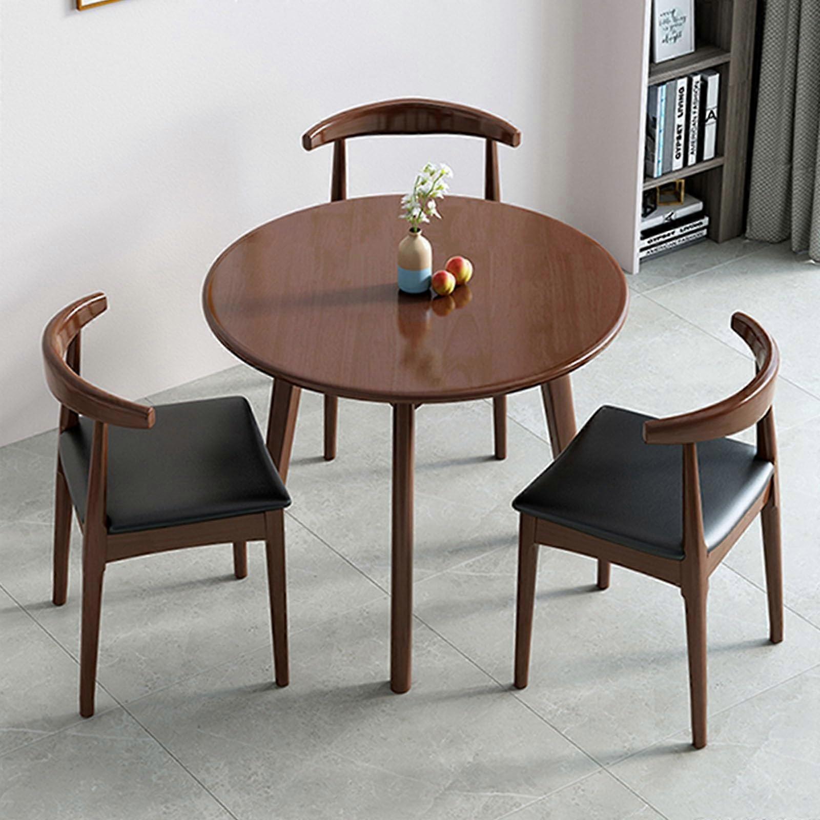 Small Office Conference Table and Chairs Set, 60cm Brown Solid Wood with Ergonomic Curved Back