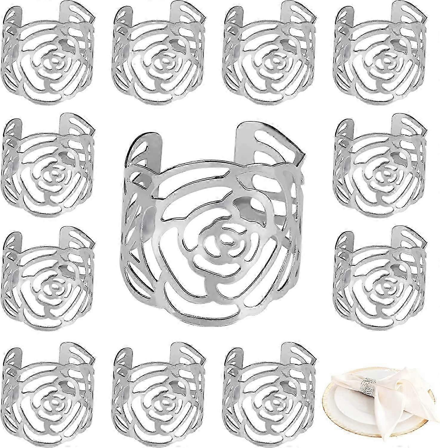 Silver Rose Napkin Holder Ring Wedding Table Decor 12 Pack