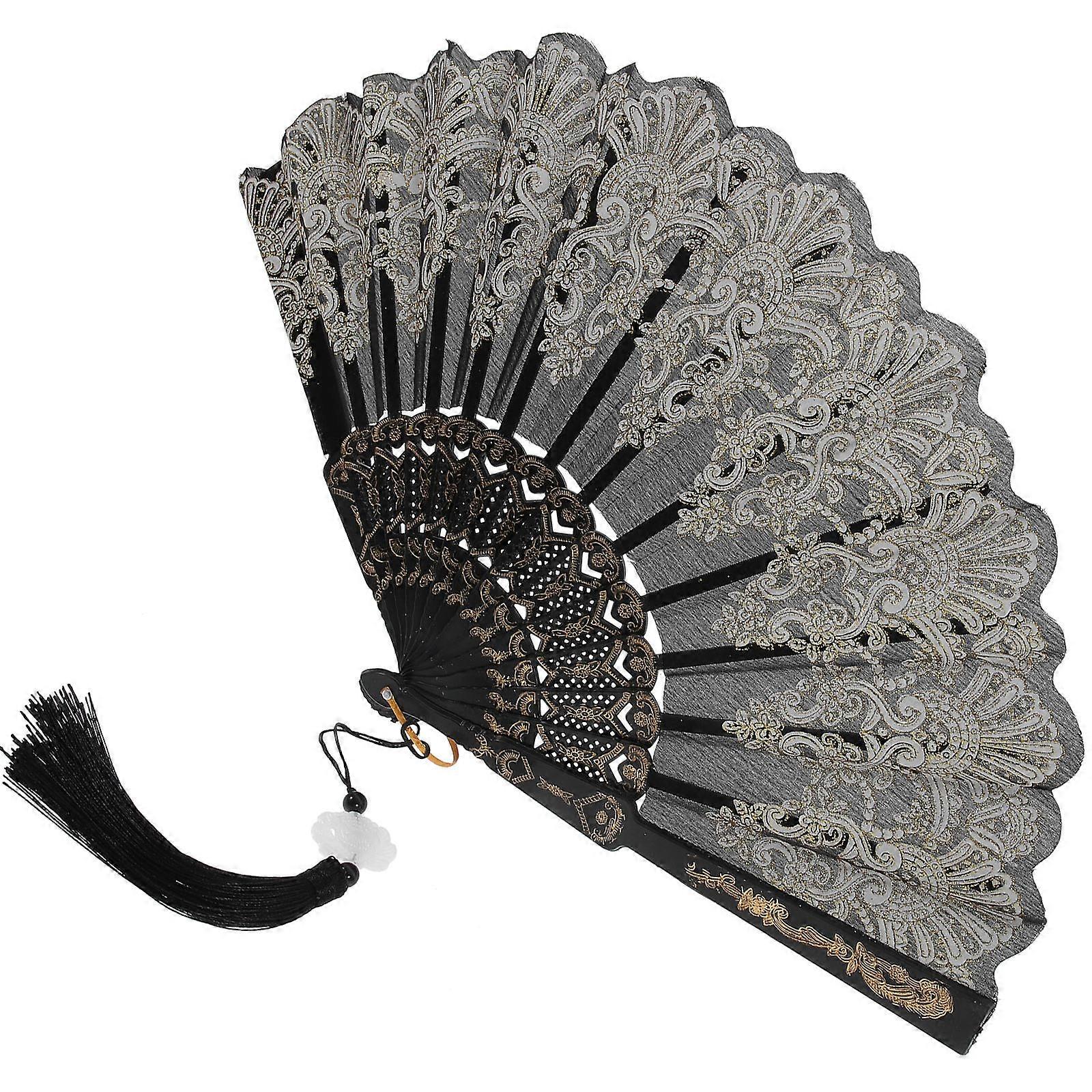 Éventail à main brodé, élégant et pliable, avec pompon