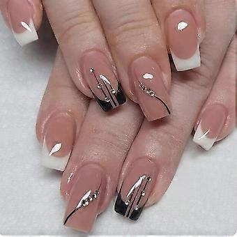 Valentine's Day Short Square French Tip Press On Nails with Black Line Rhinestone Design, Reusable Fake Nails