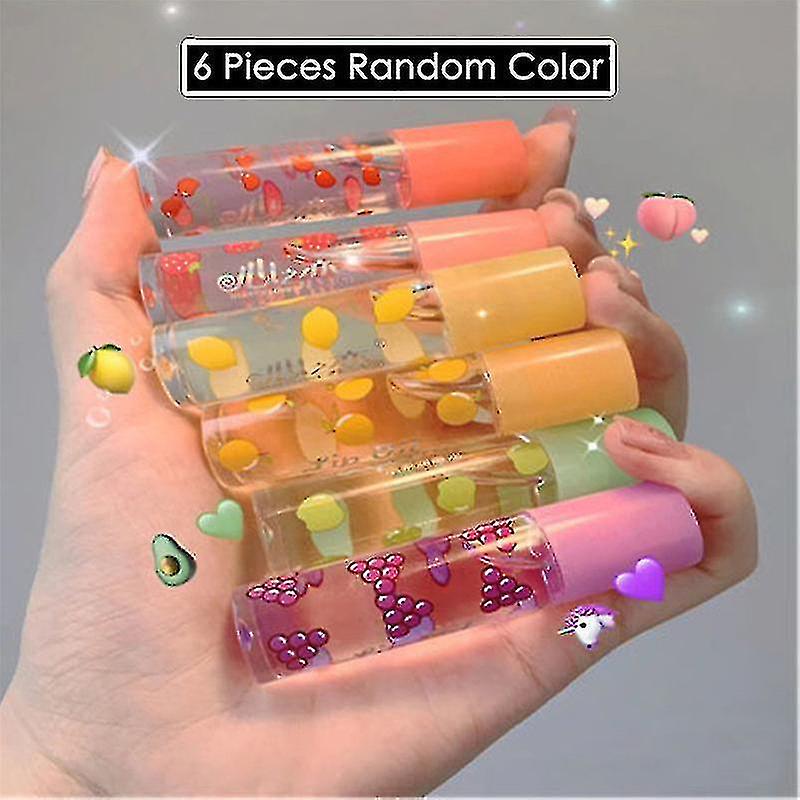Teayason 6 Colors Roll on Fruit Transparent Lip Oil 6pcs Random Color