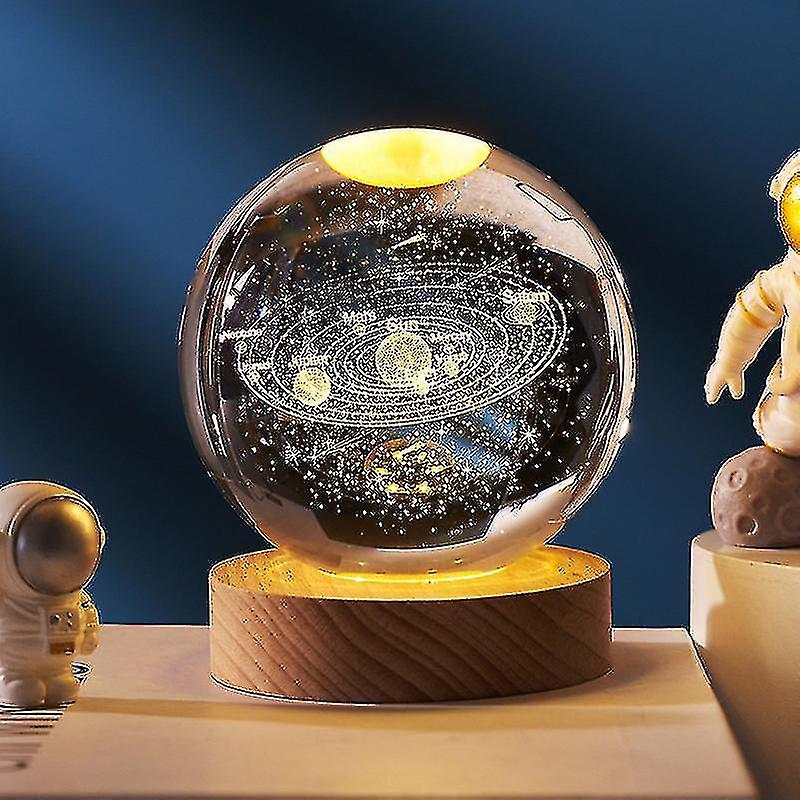 3d Planet Crystal Ball With Wooden Base,3d Crystal Led Night Light,space Galaxy Crystal Ball Ornament For Home