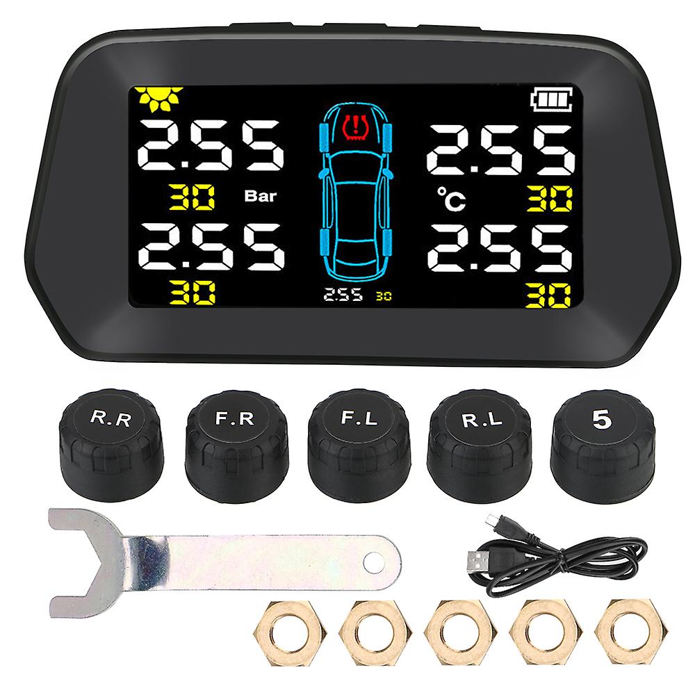 Car Tpms Solar Tire Pressure Monitoring System 5 Sensors Digital Lcd Display Tyre Tester Security Alarm Vehicle Accessories