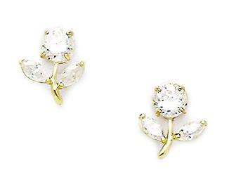 Fleur de zircone cubique en or jaune 14 carats avec des feuilles vissées boucles d’oreilles 10x8mm Stud Boucle d’oreille pour femme