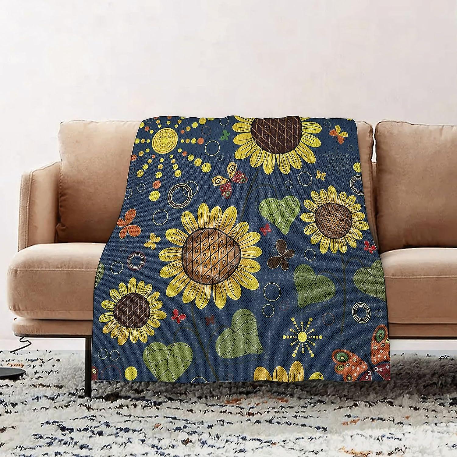 Premium Flannel Throw Blanket - Paint Sunflower Pattern With Colorful Butterflies Sun And Circles Abstract Flannel Blanket Sofa Throw, Blanket Fluffy