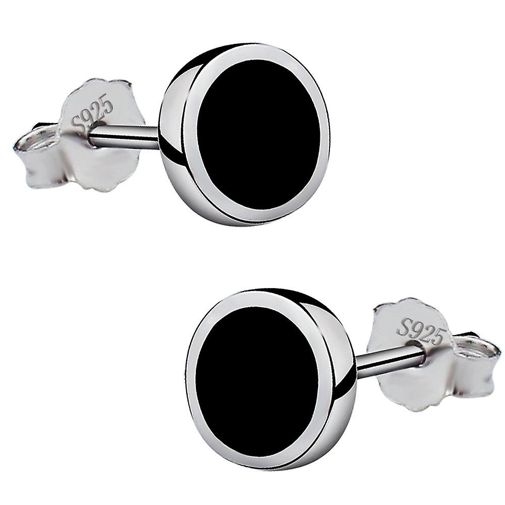 925 Sterling Silver Round Black Paint Stud Earrings