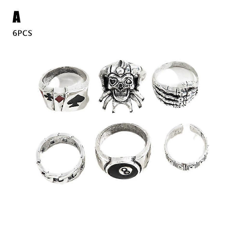 7pcs/set Silver Rings for Women Black Zircon Spade Oil Drop Heart Ring Set