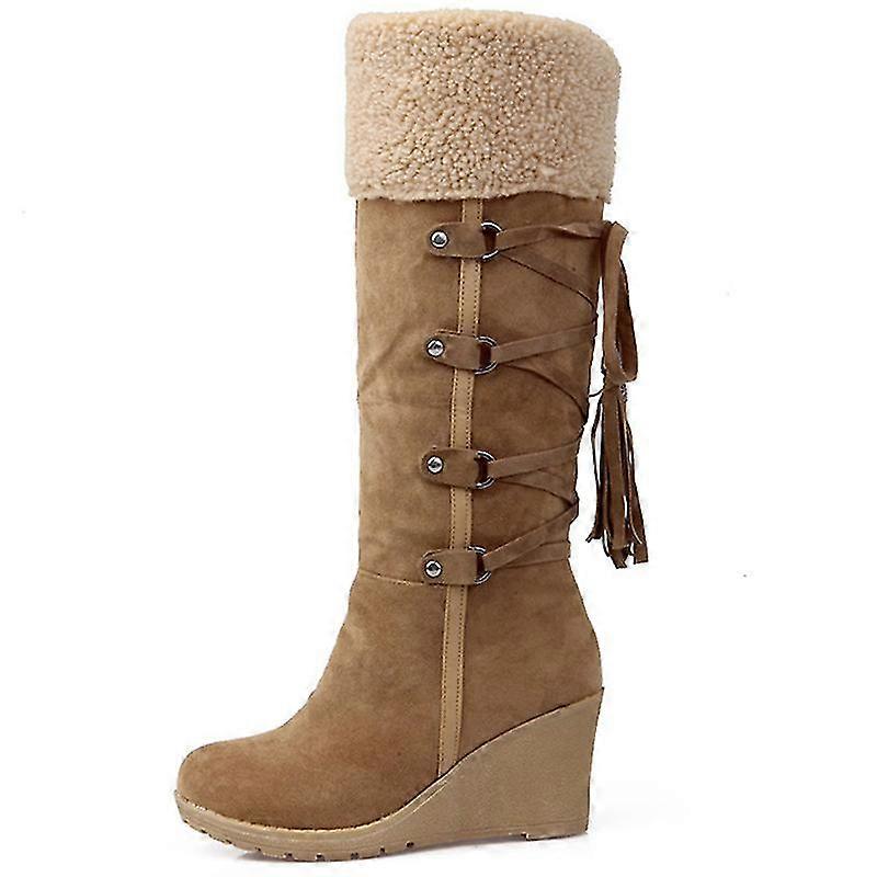 Women Fleece Lined Knee High Snow Boots Winter Warm Wedge Shoes
