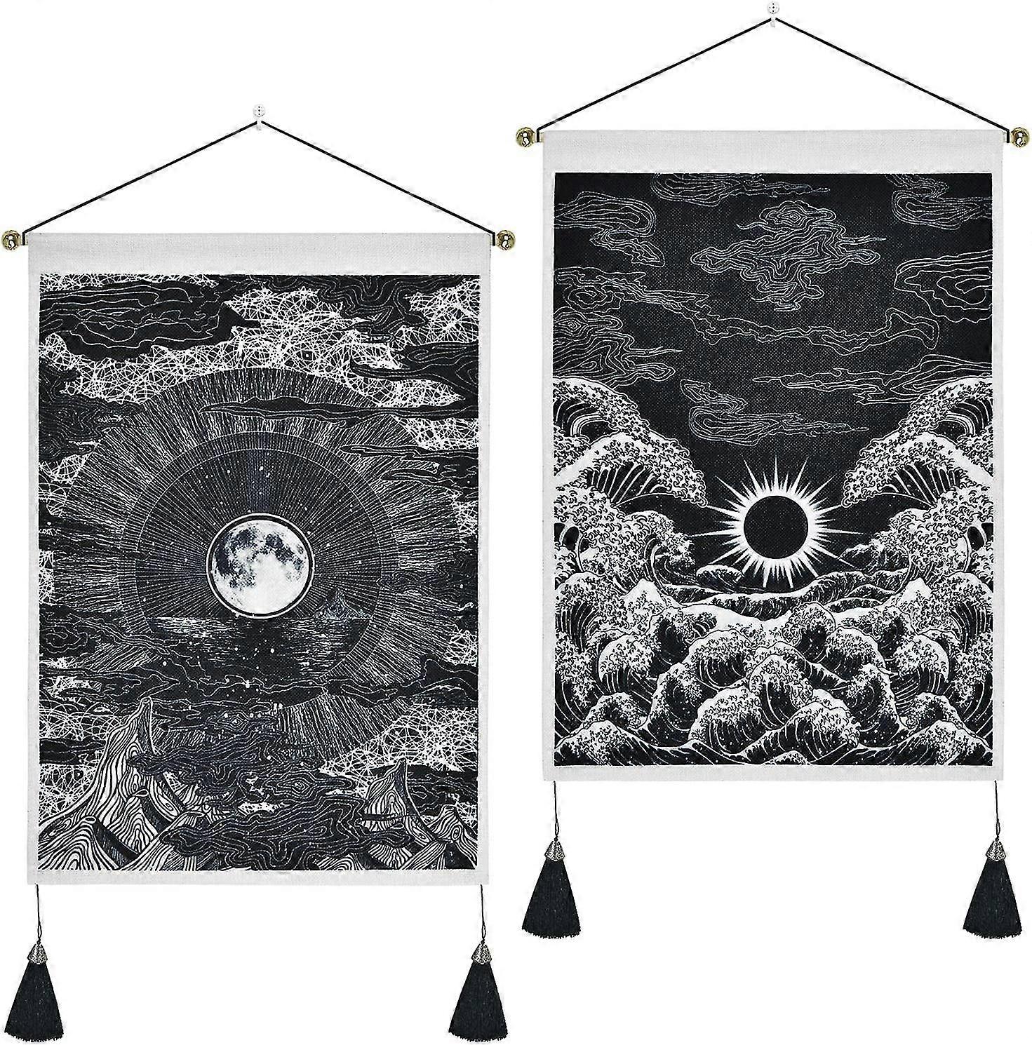 Pack Of 2 Tapestry Moon And Star Tapestry Ocean Wave Tapestry Black And White Tapestries Mountain Tapestry Sunset Great Wave Tapestry Wall Hanging For
