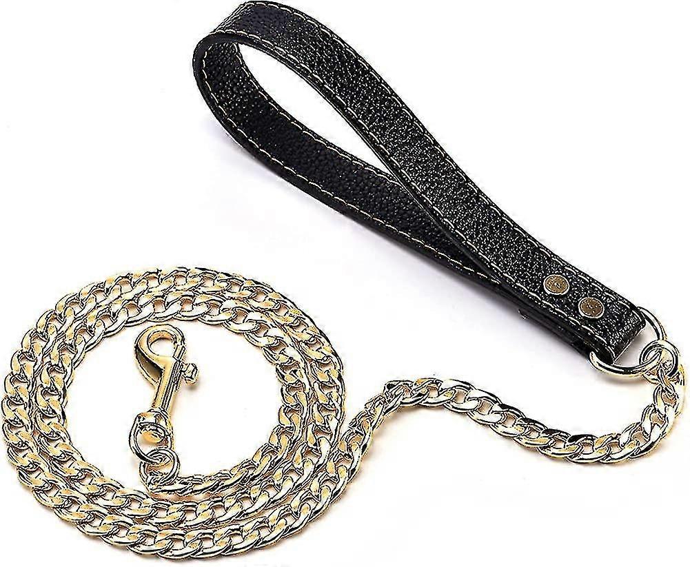 سلسلة معدنية للكلاب بطول 4 أقدام بمقبض جلدي، سلسلة ذهبية ملحوم بالكامل، فولاذ مقاوم للصدأ 316 لتر