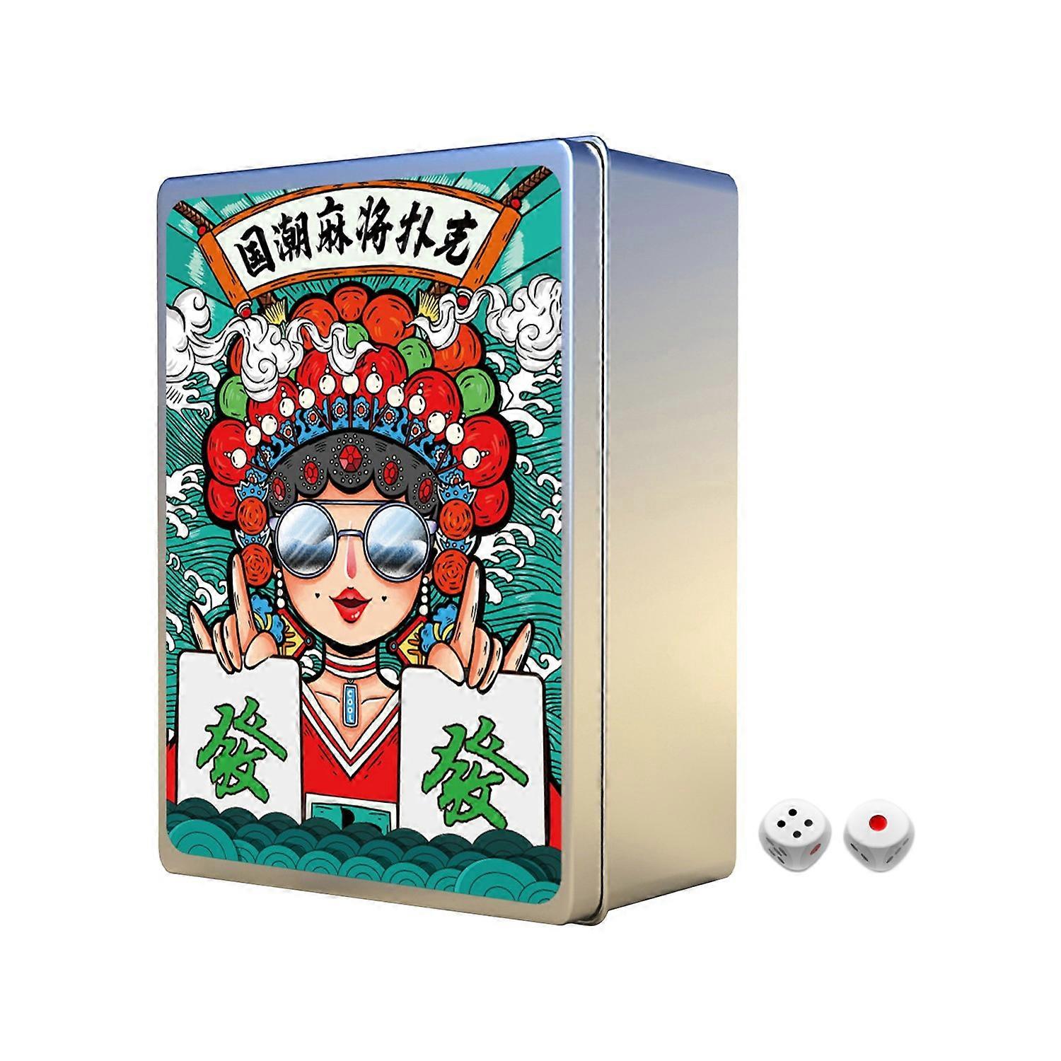 1 Set Mahjong Playing Card with Dice Chinese Traditional Opera Print Waterproof Portable Mini Paper