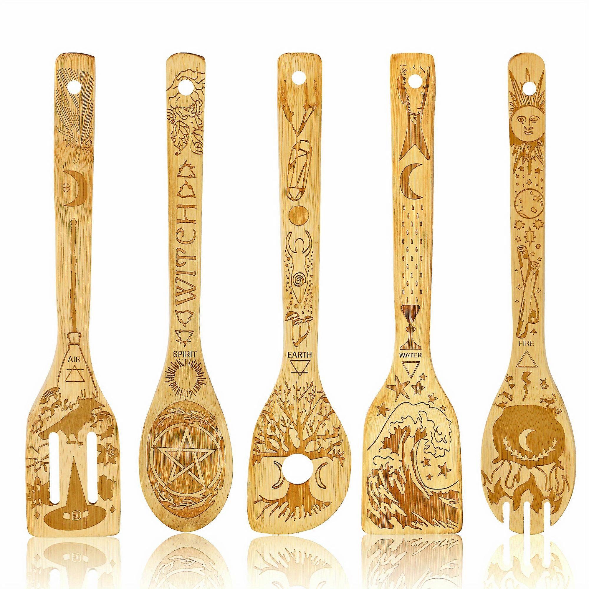 5pcs/set, Witchy Wooden Cooking Utensils Set, Halloween Bamboo Non-stick Spoons And Spatulas Set, Magic Pattern Kitchen Cooking Tools, Gifts For Women